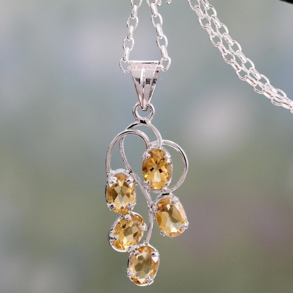 Rhodium Plated 925 Silver and Citrine Pendant Necklace 'Sunshine Harmony'