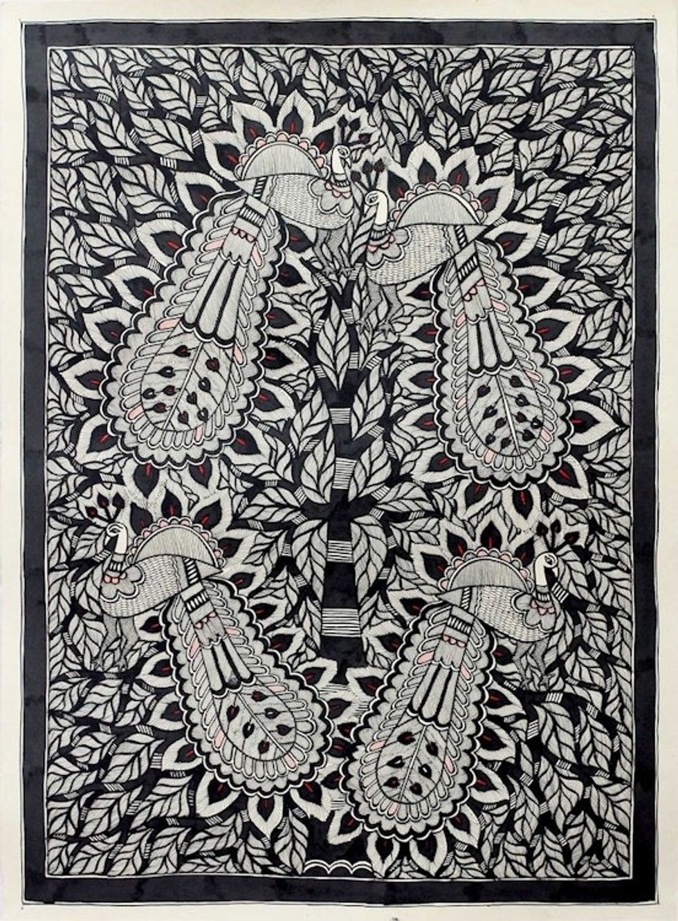 Madhubani Style Indian Folk Art Painting on Paper 'Love for Nature I'