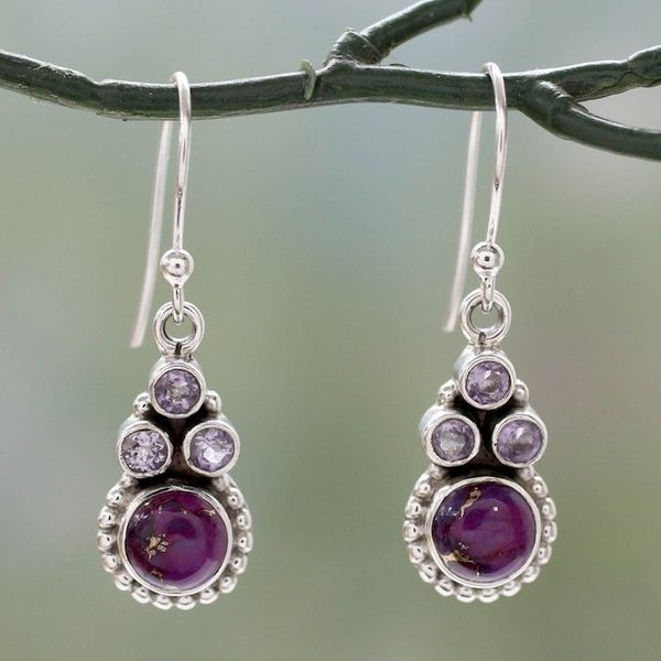 Alternate image for Amethyst Sterling Silver Earrings with Composite Turquoise Petite Flowers