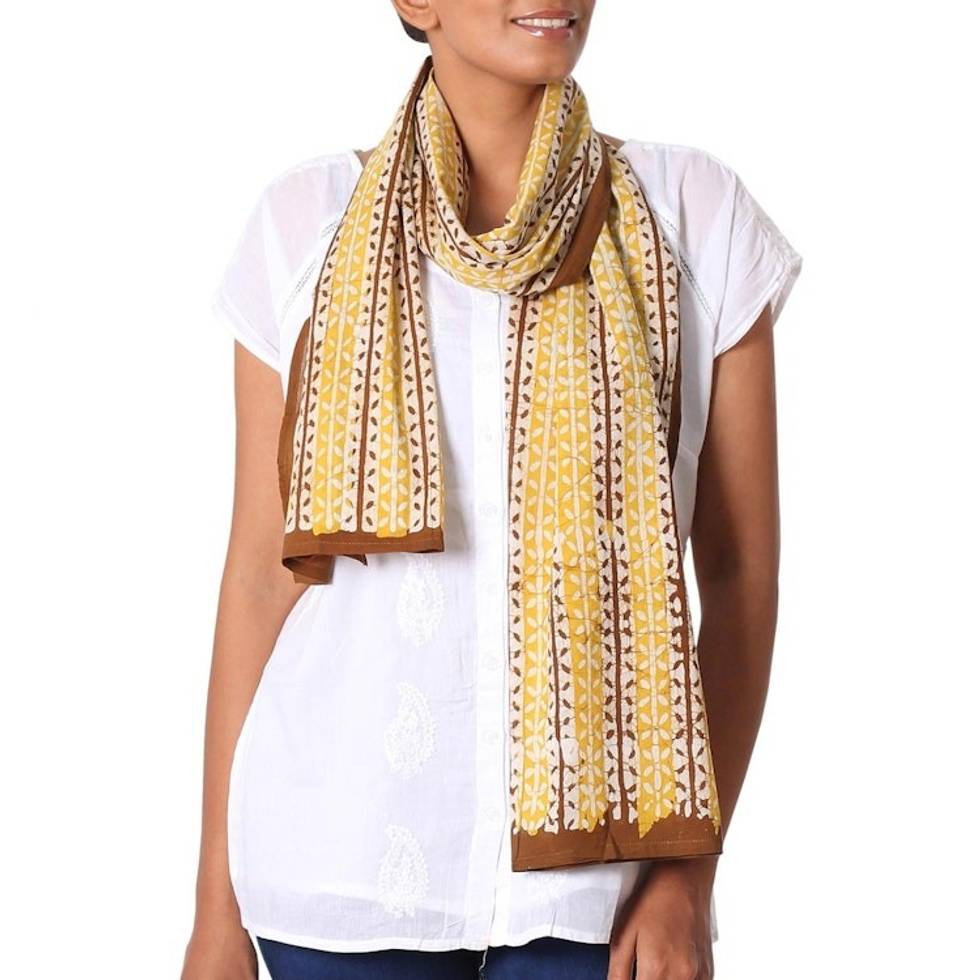 Yellow Indian Woodblock Dyed Vine Pattern Batik Cotton Shawl 'Alluring Vines'