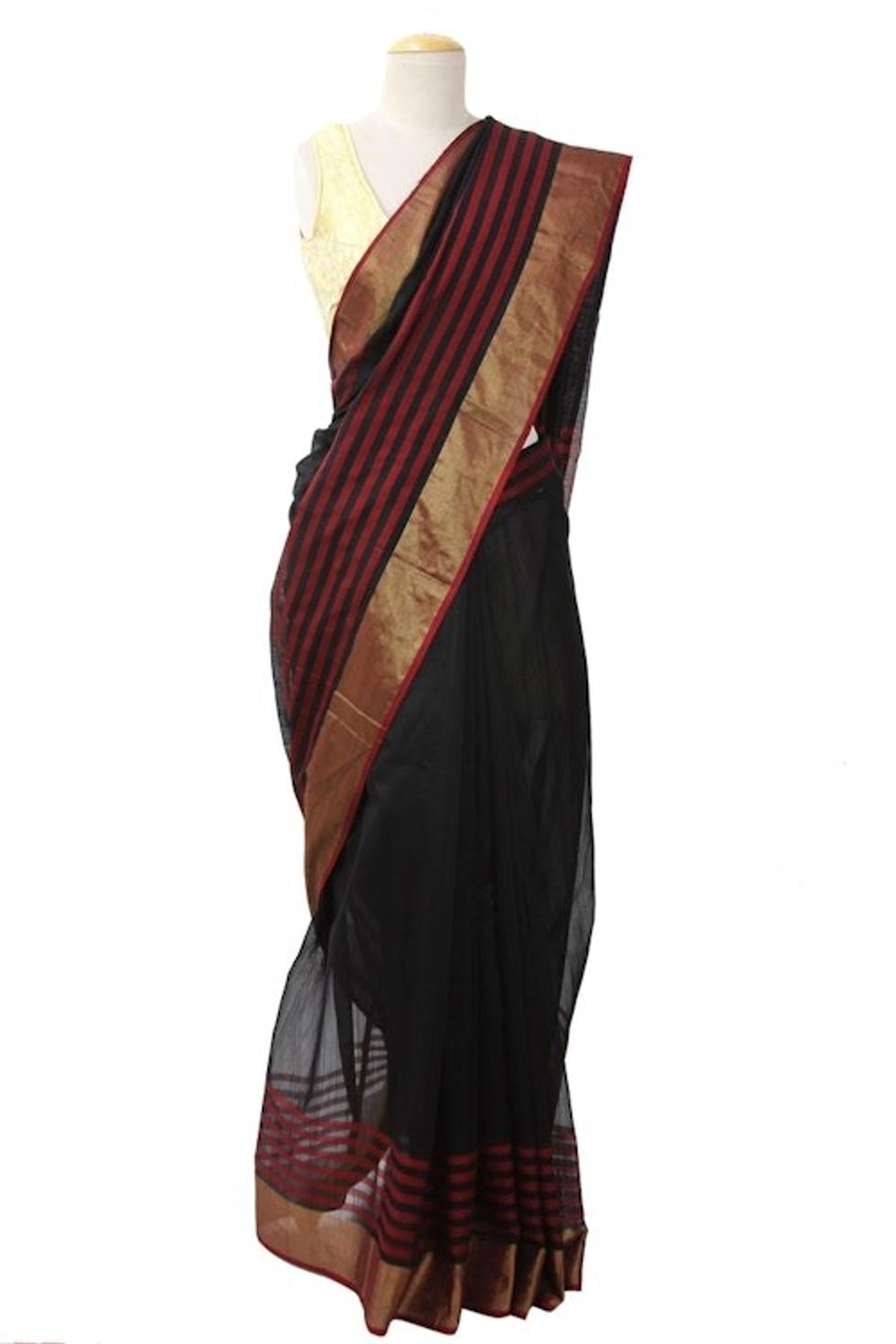 Handmade Red and Black Cotton and Silk Sari with Gold Border 'Midnight Goddess'