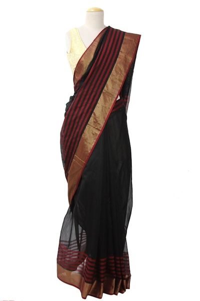 Alternate image for Handmade Red and Black Cotton and Silk Sari with Gold Border Midnight Goddess
