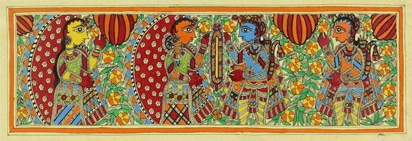 Image for Madhubani Hinduism Ramayana Painting Signed Art Becoming one - Rama and Sita