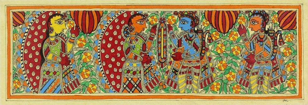 Madhubani Hinduism Ramayana Painting Signed Art 'Becoming one - Rama and Sita'