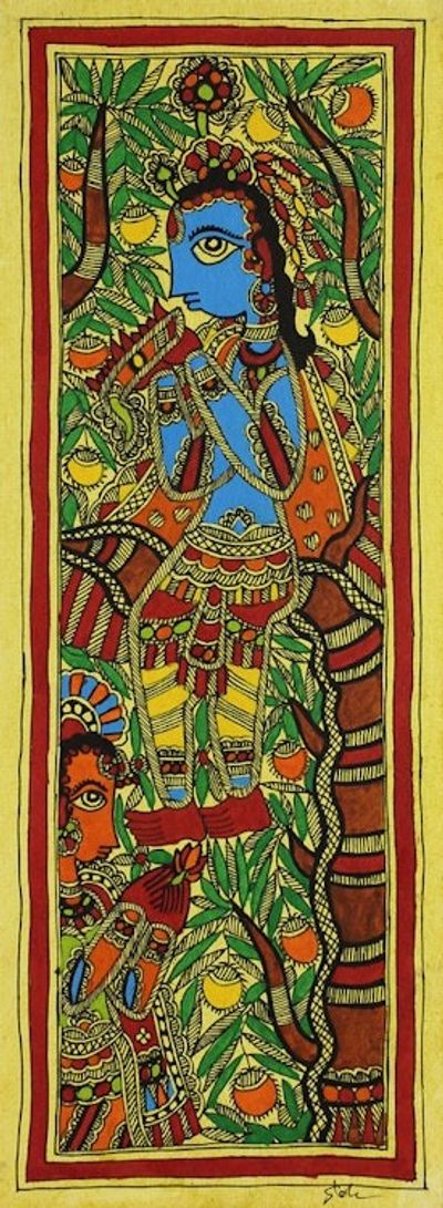 Alternate image for Authentic India Madhubani Painting of Krishna and Radha Song of Love