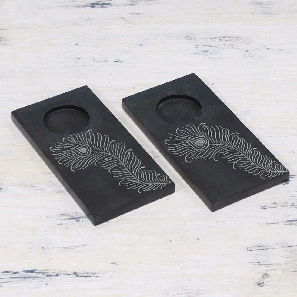 Pair of Handcrafted Soapstone Tealight Holders from India 'Peacock Flame''