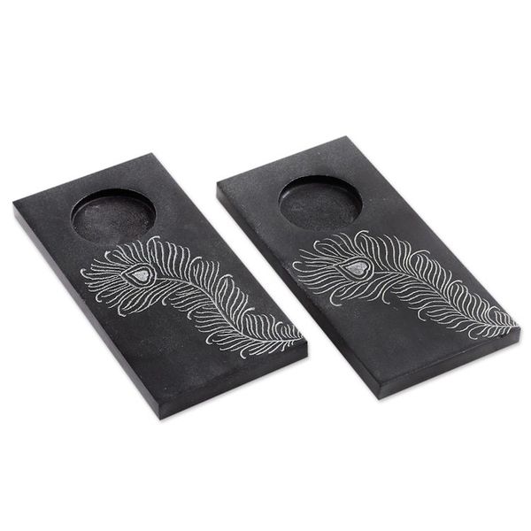 Alternate image for Pair of Handcrafted Soapstone Tealight Holders from India Peacock Flame