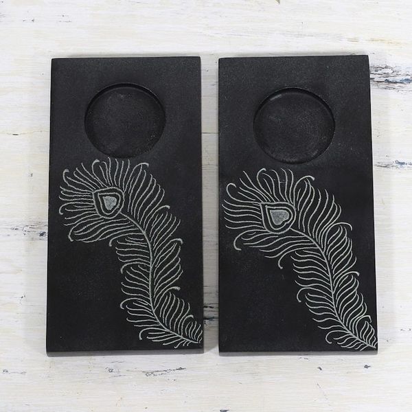 Alternate image for Pair of Handcrafted Soapstone Tealight Holders from India Peacock Flame