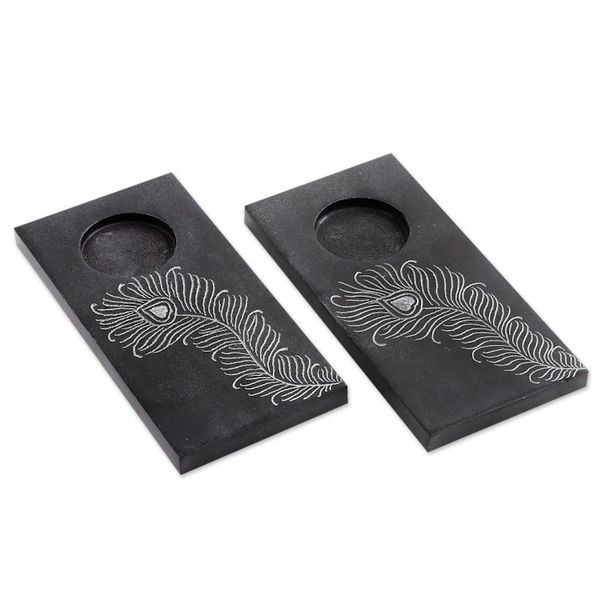 Alternate image for Pair of Handcrafted Soapstone Tealight Holders from India Peacock Flame