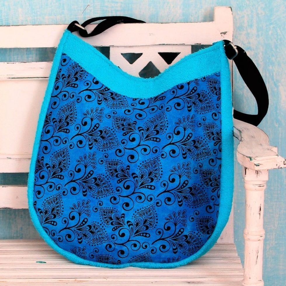 Artisan Crafted Blue Cotton Shoulder Bag with Floral Print 'Midnight Vines'