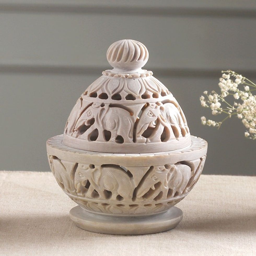 Indian Elephant Theme Hand Carved Soapstone Decorative Jar 'Elephant Parade'