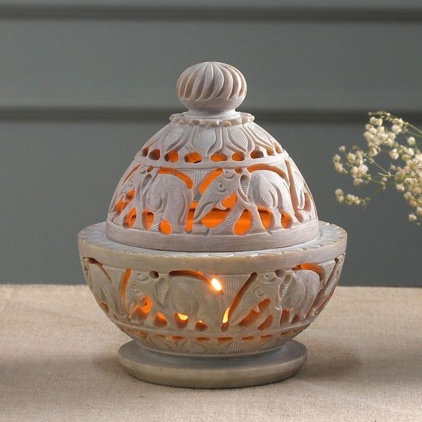 Alternate image for Indian Elephant Theme Hand Carved Soapstone Decorative Jar Elephant Parade
