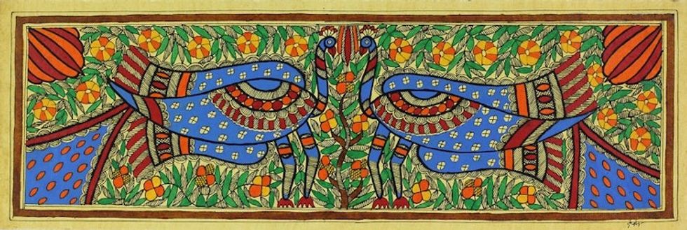 Madhubani Peacock Painting with Natural Dyes 'Peacock Dance II'