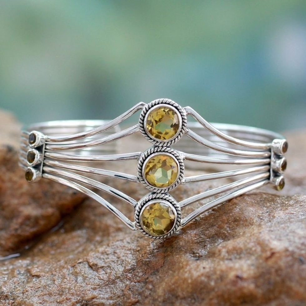 Modern Sterling Silver and Faceted Citrine Cuff Bracelet 'Glamour'