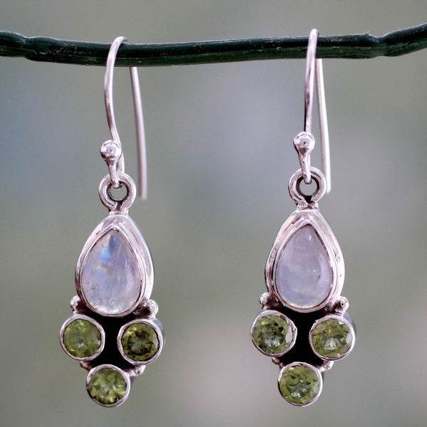 Alternate image for Rainbow Moonstone and Peridot Dangle Earrings Moonlit Meadow
