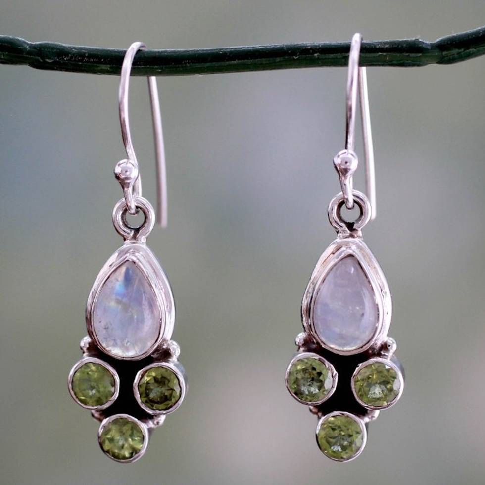 Rainbow Moonstone and Peridot Dangle Earrings 'Moonlit Meadow'