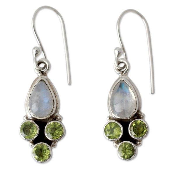 Alternate image for Rainbow Moonstone and Peridot Dangle Earrings Moonlit Meadow
