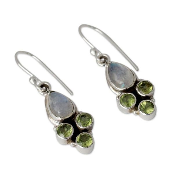 Alternate image for Rainbow Moonstone and Peridot Dangle Earrings Moonlit Meadow
