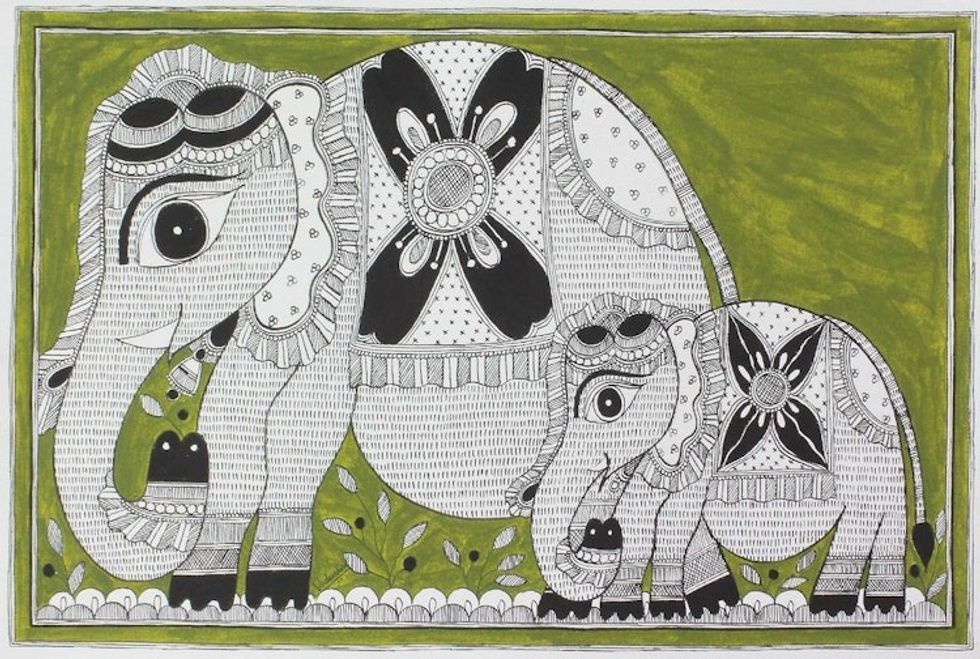 Signed Madhubani Painting of Mother and Baby Elephant 'Elephant Connection'