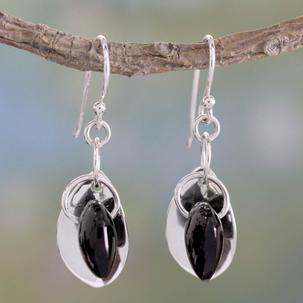 Fair Trade Jewelry Sterling Silver Earrings with Onyx 'Glistening Dew'