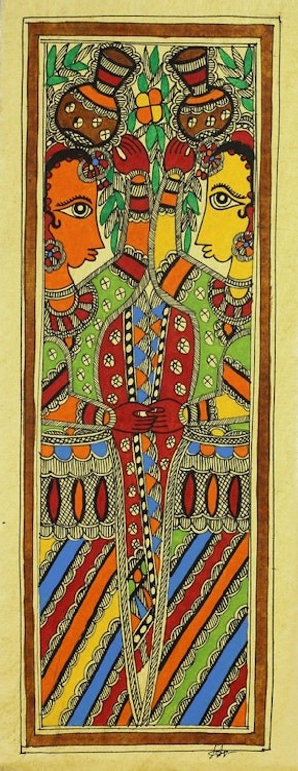 Image for Authentic India Madhubani Folk Art Painting Village Lass