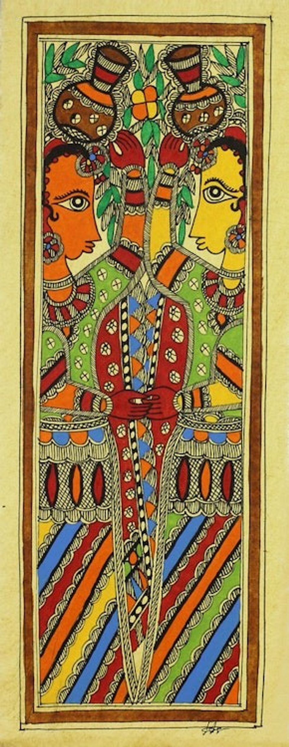 Authentic India Madhubani Folk Art Painting 'Village Lass'