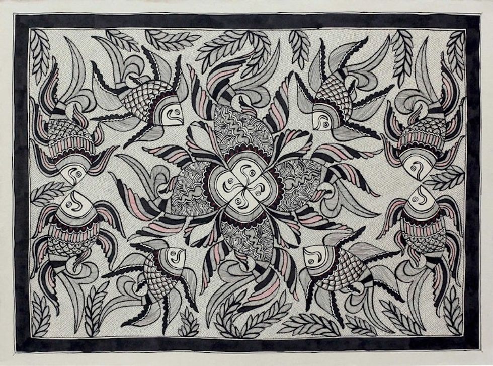 Original Black and White Indian Folk Art Madhubani Painting 'Underwater Unity'