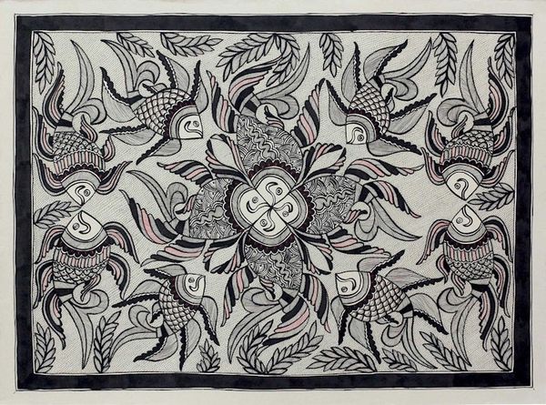 Image for Original Black and White Indian Folk Art Madhubani Painting Underwater Unity