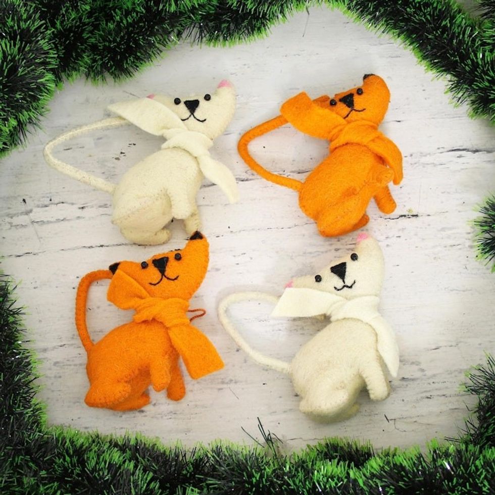 Set of 4 Handmade Feline Ornaments from India 'Crazy Cats'