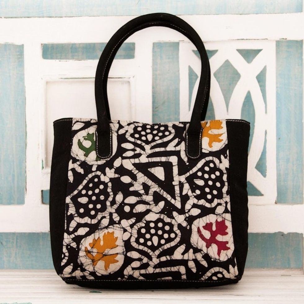 Black Cotton Indian Batik Tote Bag with Abstract Patterns 'Abstract Enigma'
