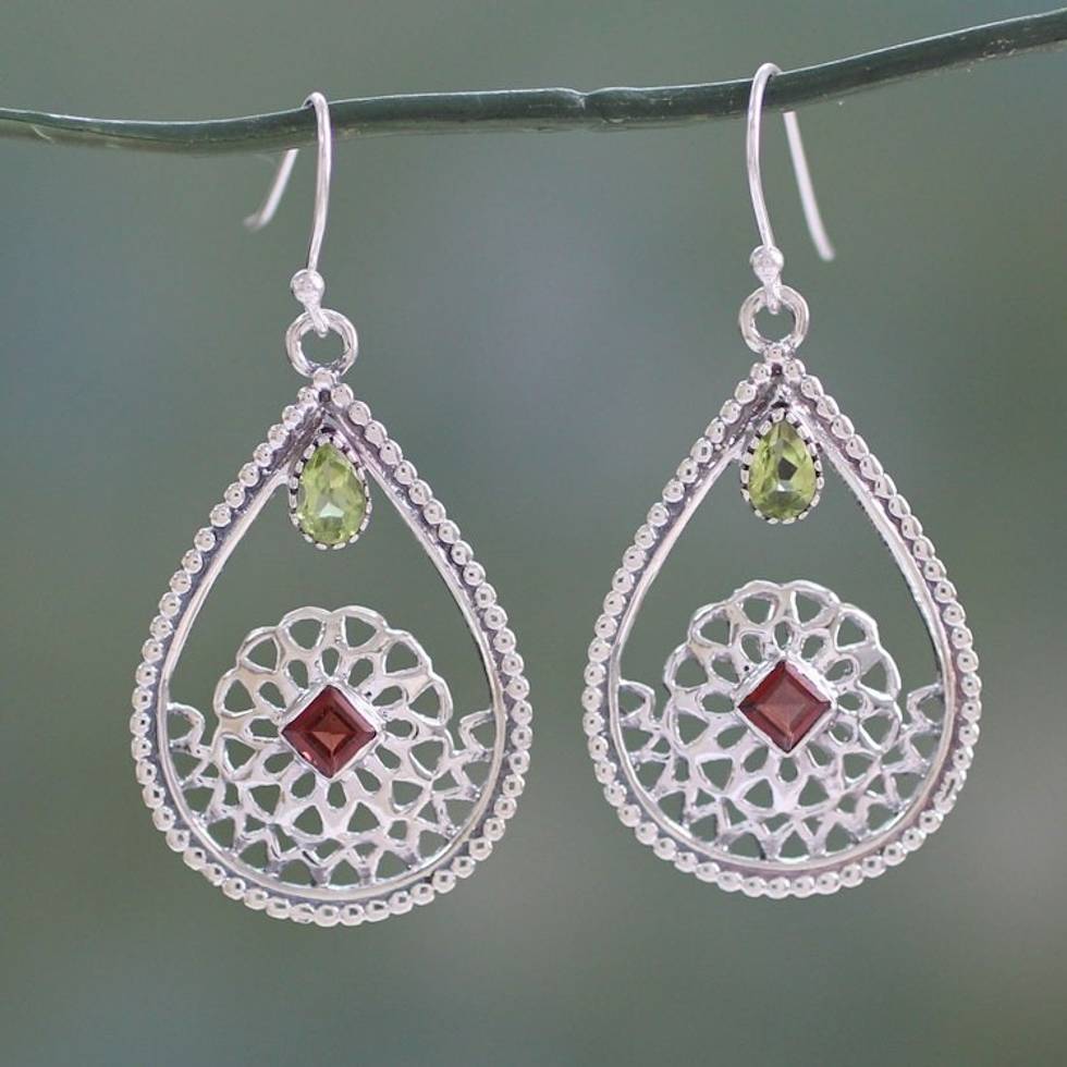 Traditional Indian Silver Earrings with Peridot and Garnet 'Jali Glamour'