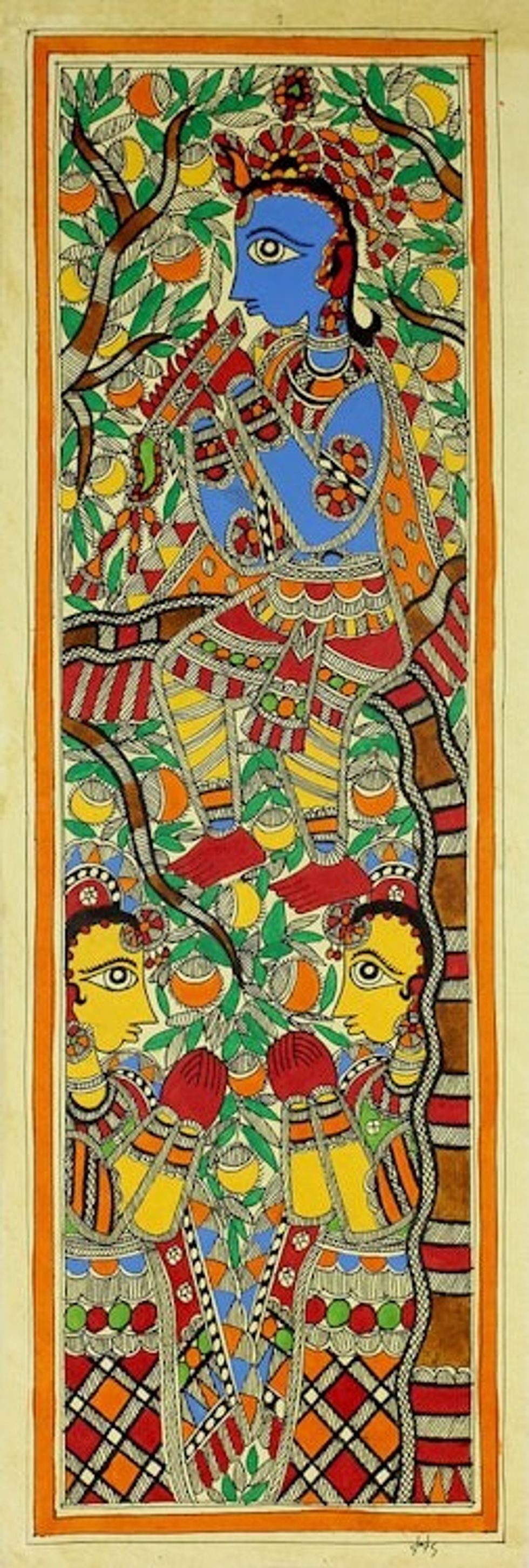 Krishna Madhubani Hinduism Painting on Handmade Paper 'Serenading Gopies'