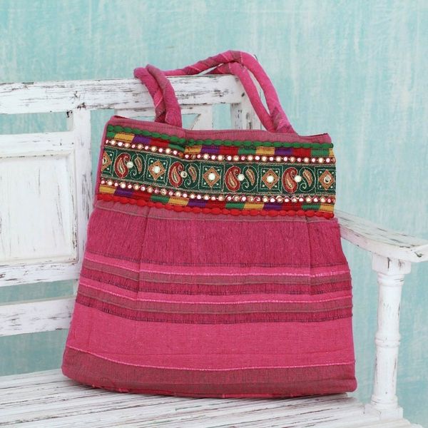 Alternate image for Pink Cotton Shoulder Bag with Multicolor Embroidery Majestic Pink