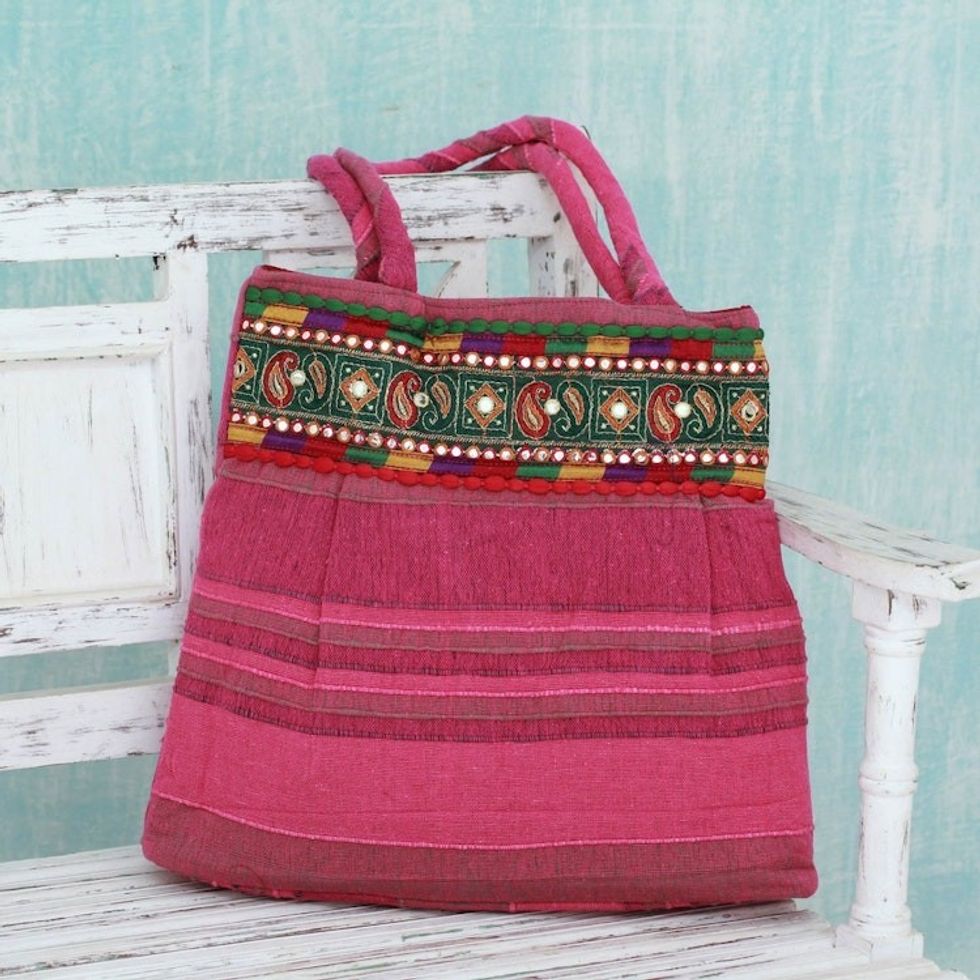 Pink Cotton Shoulder Bag with Multicolor Embroidery 'Majestic Pink'