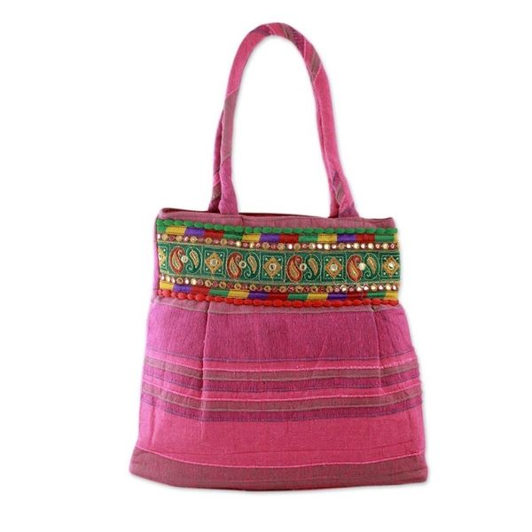 Alternate image for Pink Cotton Shoulder Bag with Multicolor Embroidery Majestic Pink
