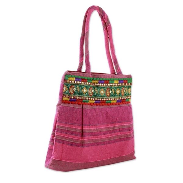 Alternate image for Pink Cotton Shoulder Bag with Multicolor Embroidery Majestic Pink