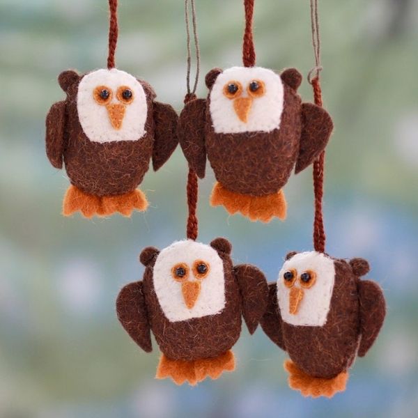 Alternate image for Four Handmade Owl Ornaments Set Solemn Brown Owls