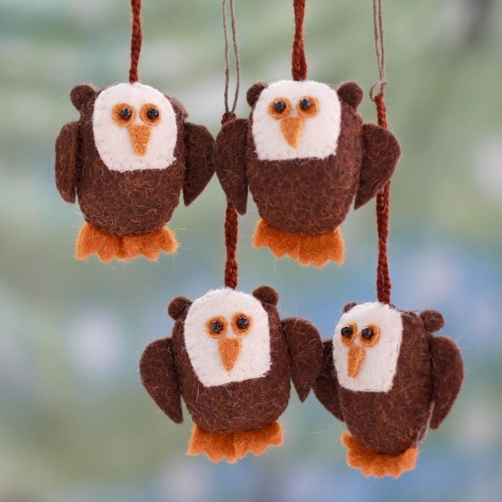 Four Handmade Owl Ornaments Set 'Solemn Brown Owls'
