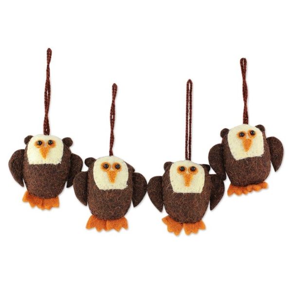 Alternate image for Four Handmade Owl Ornaments Set Solemn Brown Owls
