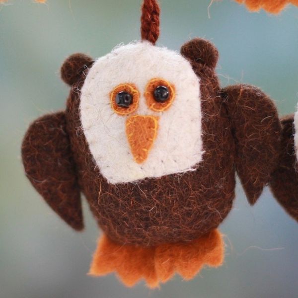 Alternate image for Four Handmade Owl Ornaments Set Solemn Brown Owls