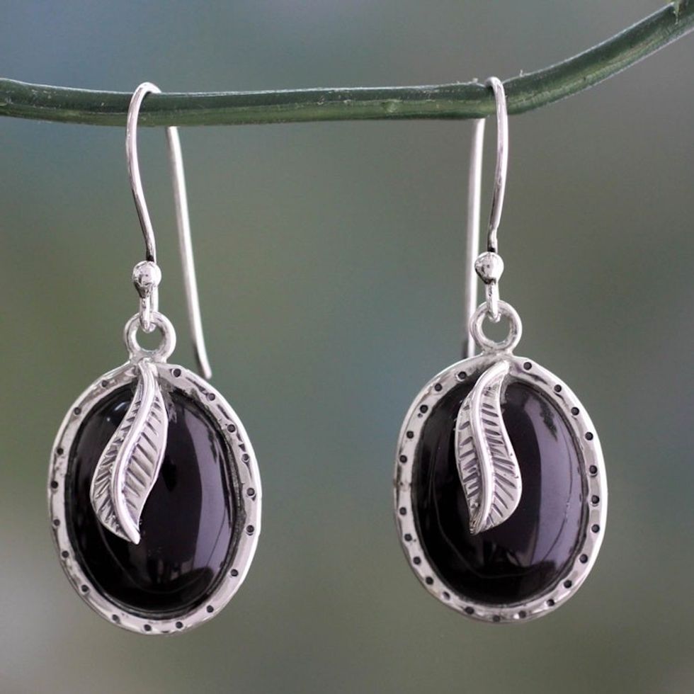 India Fair Trade Onyx and Sterling Silver Dangle Earrings 'Tender Leaves'