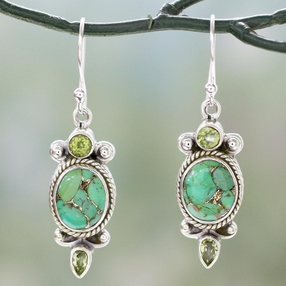 Green Gemstone Earrings in Sterling Silver from India 'Resplendent in Green'