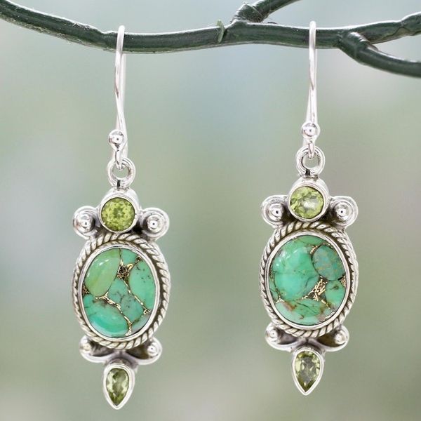 Alternate image for Green Gemstone Earrings in Sterling Silver from India Resplendent in Green