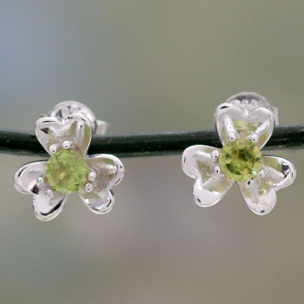 Floral Peridot and Silver Button Earrings from India 'Cradle Lily'
