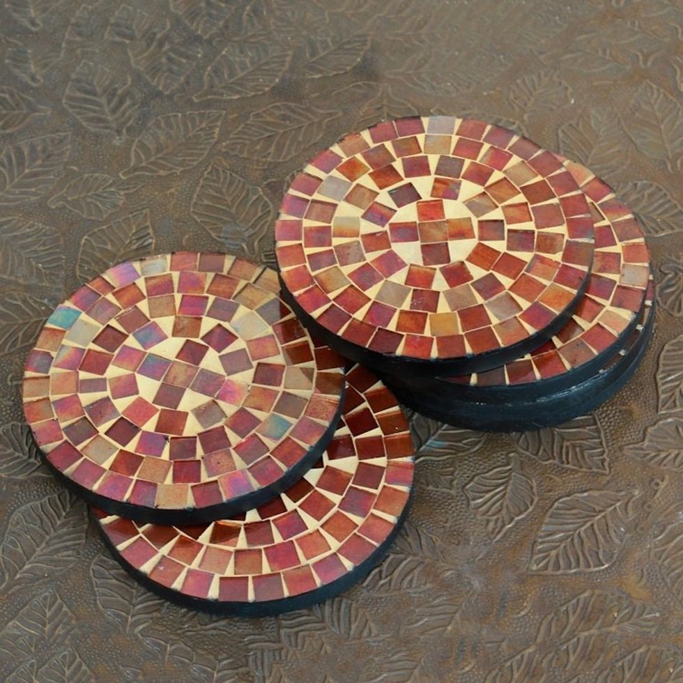 Round Glass Tile Coasters Handcrafted in India set of 6 'Earth's Vanity'