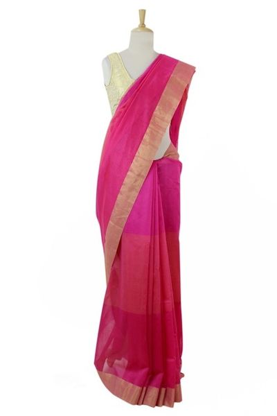 Alternate image for Bright Pink Cotton and Silk Blend Sari with Golden Borders Fuchsia Charm