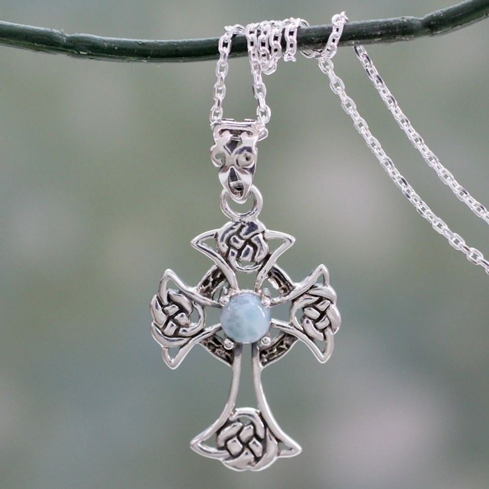 Artisan Crafted Cross Pendant Necklace with Larimar 'Sacred Realm'