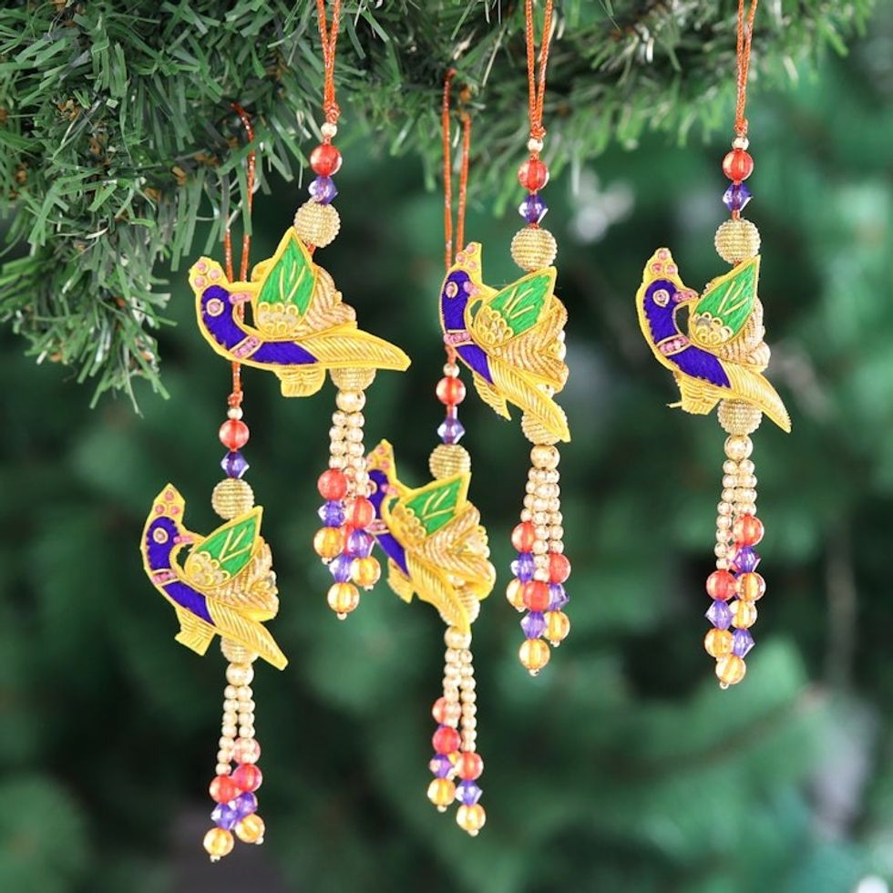 Beaded Peacock Christmas Ornaments set of 5 'Dancing Peacocks'