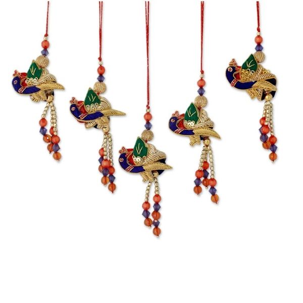 Alternate image for Beaded Peacock Christmas Ornaments set of 5 Dancing Peacocks