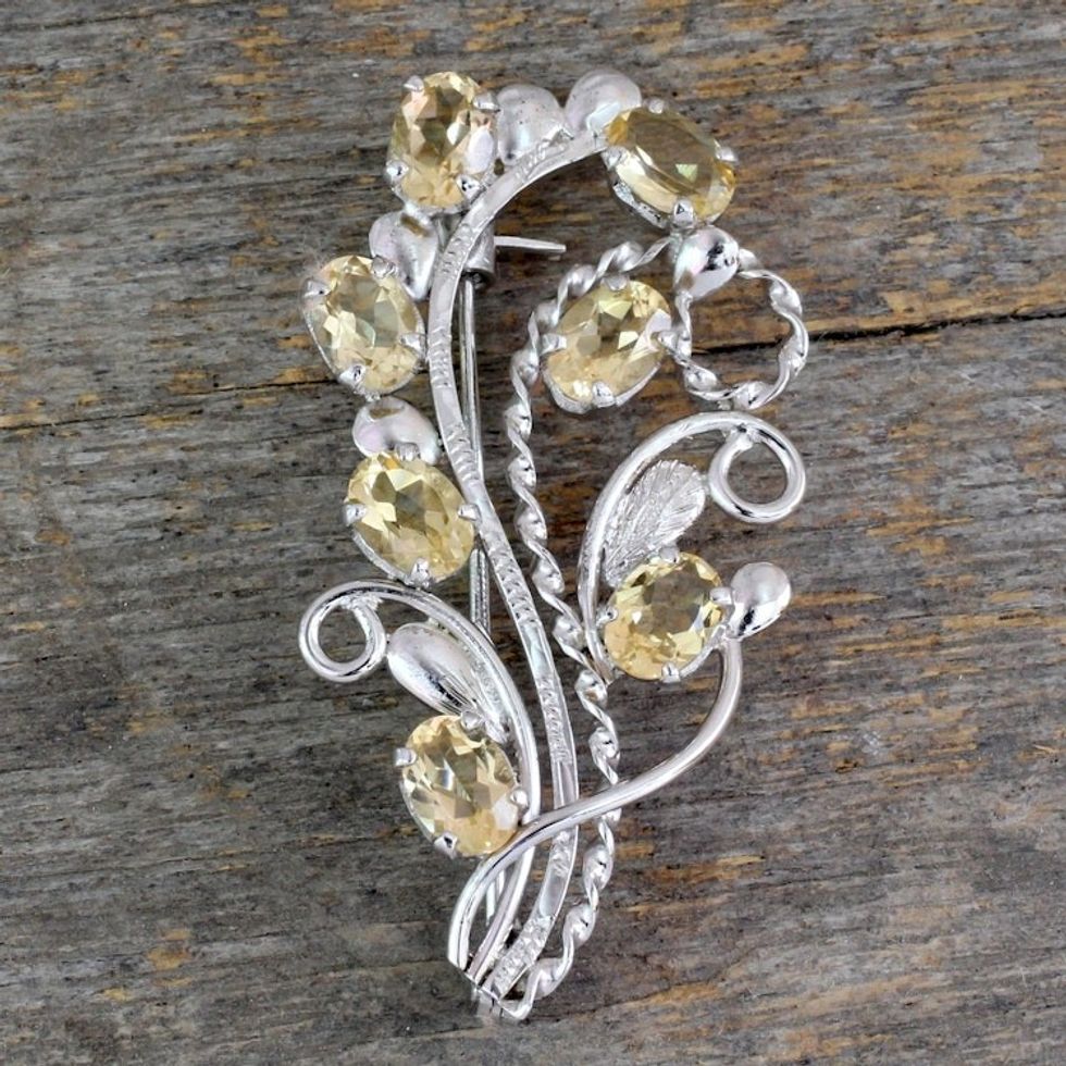 Fair Trade Citrine and Sterling Silver Brooch Pin 'Sunshine Bouquet'
